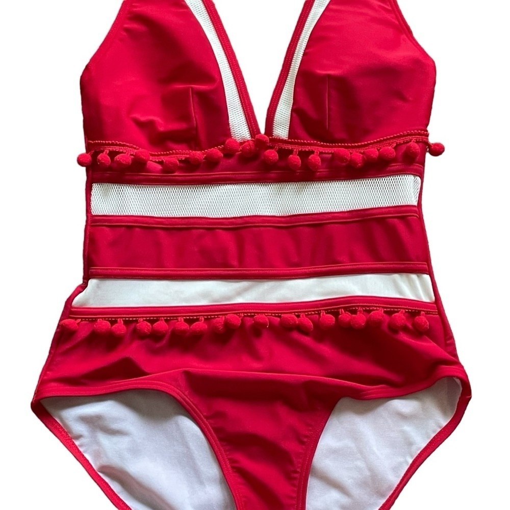 Red and White Plunging Neck Halter Mesh Pom Pom Tassel One Piece Swimsuit Size - Picture 5 of 11